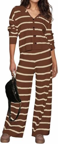 KFUBUO Women 2 Piece Lounge Sets Fall Outfits 2025 Sweatsuits Stripe V Neck Hooded Sweater Wide Leg Pants Set in Kuwait