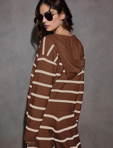 KFUBUO Women 2 Piece Lounge Sets Fall Outfits 2025 Sweatsuits Stripe V Neck Hooded Sweater Wide Leg Pants Set in Kuwait
