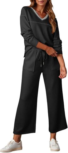 Dokotoo Women's 2 Piece Lounge Set Casual V Neck Sweatshirt Fashion Travel Wide Leg Tracksuit Sweatsuits Outfits in Saudi Arabia