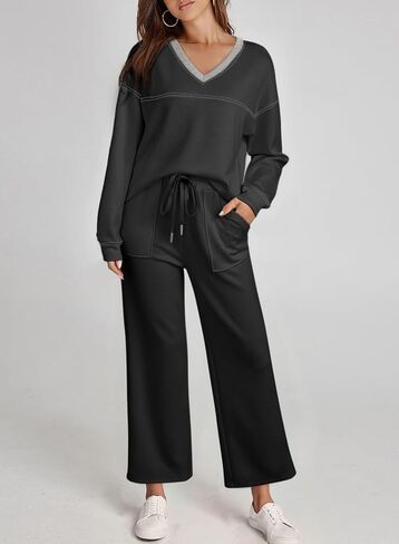 Dokotoo Women's 2 Piece Lounge Set Casual V Neck Sweatshirt Fashion Travel Wide Leg Tracksuit Sweatsuits Outfits in Saudi Arabia