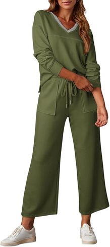 Dokotoo Women's 2 Piece Lounge Set Casual V Neck Sweatshirt Fashion Travel Wide Leg Tracksuit Sweatsuits Outfits in Saudi Arabia