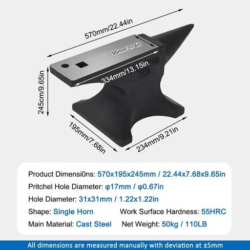 Single Horn Anvil, 110Lbs/50kg Cast Steel Anvil, High Hardness Rugged Round Horn Anvil Blacksmith, Large Countertop and Stable Base Metalsmith Tool for Bending and Shaping in Saudi Arabia