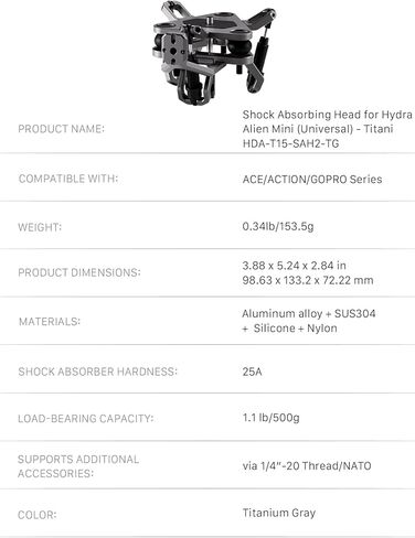 Tilta Shock Absorbing Head for Hydra Alien Mini | Titanium Gray | Compatible with GoPro & Lightweight Action Cameras | Reduces Micro Vibrations | Durable Aluminum & Rubber Construction in Saudi Arabia