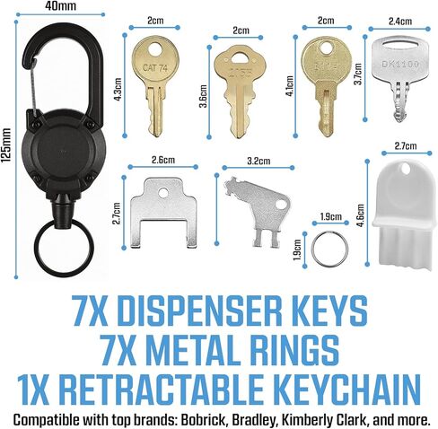 مجموعة مفاتيح منشفة ورقية عالمية مجموعة مفتاح + سلسلة مفاتيح قابلة للسحب - 8 أجهزة كمبيوتر متوافقة مع Tork SCA 1100 ، Bradley 2055 ، Banitor Bobrick Cat 74 ، Kimberly Clark 770301 ، Georgia Pacific ، E114 Dispenser Key in Kuwait