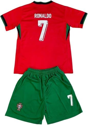 Kids Soccer #7 Jersey Kit with Shorts, Youth Sizes, Red Portugal Style Home Uniform Set, Boys Girls Athletic Training Outfit in Saudi Arabia