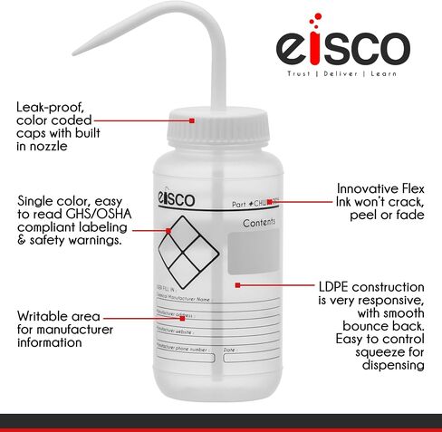 EISCO 2PK Chemical Wash Bottle, Blank Labels, 250ml - Wide Mouth, Self Venting, Low Density Polyethylene - Performance Plastics Labs in Saudi Arabia