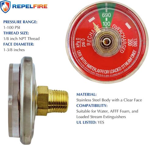 100 PSI مقياس ضغط لطفايات حريق المياه المحمولة | يناسب Amerex ، Ansul ، Badger | 1/8 "مؤشر ترابط NPT | جسم الفولاذ المقاوم للصدأ ، قرص واضح | جزء استبدال | 1 حزمة in Kuwait