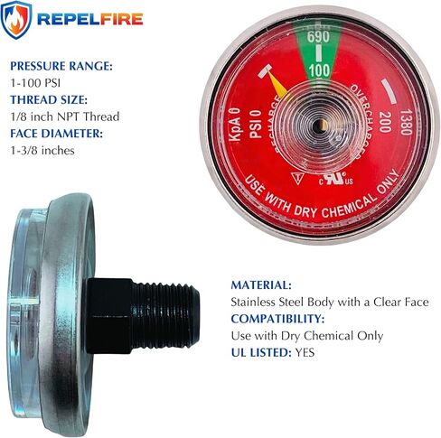 100 PSI مقياس ضغط لطفايات حريق المياه المحمولة | يناسب Amerex ، Ansul ، Badger | 1/8 "مؤشر ترابط NPT | جسم الفولاذ المقاوم للصدأ ، قرص واضح | جزء استبدال | 1 حزمة in Kuwait
