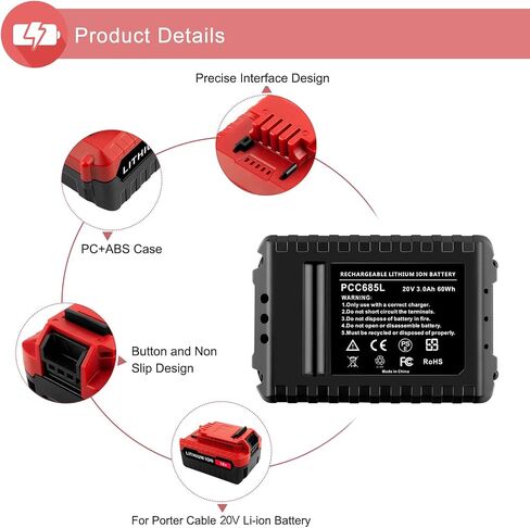 2 حزمة 6.0AH 20V بطاريات استبدال ليثيوم أيون متوافقة مع كبل البورتر 20V بطارية PCC681L PCC685L PCC680L PCC682L PCC600 PCC640 in Kuwait