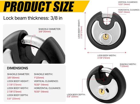 DAYGOS Outdoor Padlock for Storage Unit, Waterproof Stainless Steel Disc Lock with Rubber Bumper for Sheds,Gate and Fence, Heavy Duty Discus Keyed Pad Lock (3/8-Inch Shackle) in Kuwait