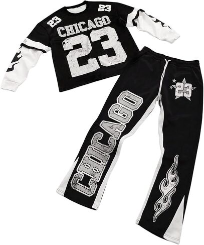 Men's 2 Piece Sweat Suit Set Long Sleeve Number Graphic Sweatshirt and Drawstring Flared Sweatpants in Saudi Arabia