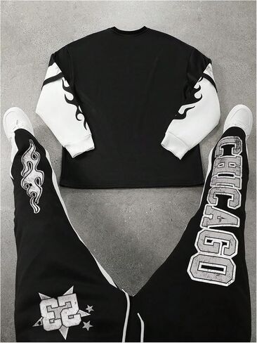 Men's 2 Piece Sweat Suit Set Long Sleeve Number Graphic Sweatshirt and Drawstring Flared Sweatpants in Saudi Arabia