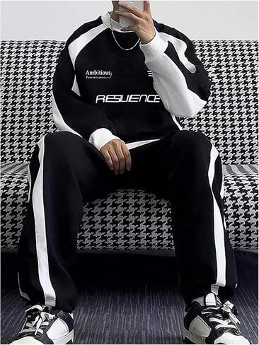 Men's 2 Piece Sweat Set Long Sleeve Letter Graphic Sweatshirts and Drawstring Waist Baggy Sweatpants in Saudi Arabia