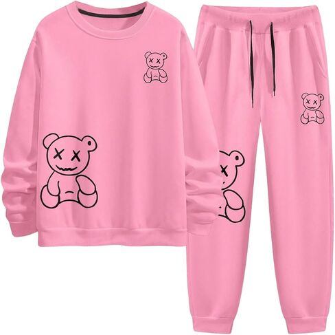 Men's 2 Piece Sweat Set Cartoon Bear Graphic Crewneck Sweatshirts Drawstring Jogger Sweatpants Outfits in Saudi Arabia