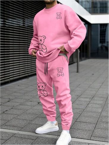Men's 2 Piece Sweat Set Cartoon Bear Graphic Crewneck Sweatshirts Drawstring Jogger Sweatpants Outfits in Saudi Arabia