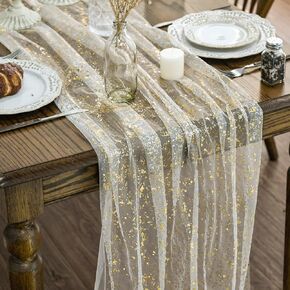 Artoid Mode Beige Gold Gauze Table Runner 120 Inch 10FT, Glitter Metallic Foil Sheer Dining Wedding Anniversary Holiday Birthday Table Decor for Home Party in Saudi Arabia