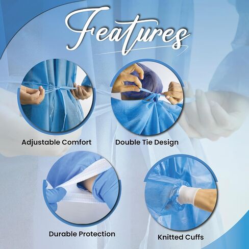 10 Pack Reusable Isolation Hospital Gowns for Women & Men - Blue AAMI LVL 1 Polypropylene, Non-Surgical Disposable Gowns for Medical, Dental, Labs & Industries (Medium) in Kuwait