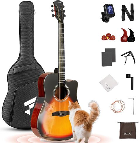 Acoustic Guitar Kit, 41 Inch Full Size 6 String Cutaway Guitarra Acústica for Beginner Adults with Tuner, Gig Bag, Strap, Steel Strings, Capo, Pickguard, Picks, FD60C, Black in Saudi Arabia