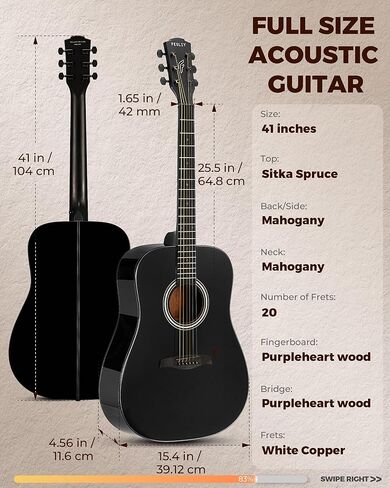 طقم الغيتار الصوتي ، 41 بوصة بالحجم الكامل 6 سلسلة سلسلة Guitarra Acústica للبالغين المبتدئين مع موالف ، حقيبة أزعج ، حزام ، سلاسل فولاذية ، كابو ، بيكغوارد ، اختيارات ، FD60C ، أسود in Kuwait