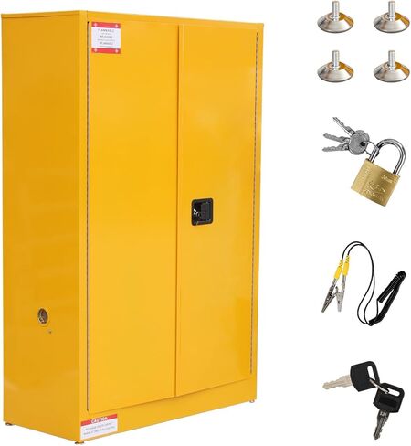 45 Gal Flammable Safety Cabinet, 43" x 18" x 65" Galvanized Steel Flammable Liquid Storage Cabinet with 2 Adjustable Shelves 2 Manual Doors for Industrial Use, Yellow in Saudi Arabia