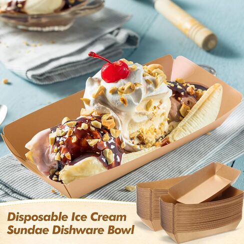 100 Pack 8oz Paper Banana Split Boats Durable Paper Food Boat Trays Disposable Ice Cream Sundae Dishware Bowl Boats Plate for Party Serving Snack Candy Salad (Dot Style,Colorful) in Saudi Arabia