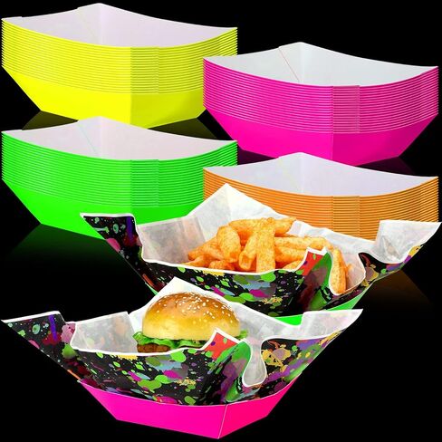 Lallisa 120 PCS Neon Glow Party Supplies يقدم 60 Neon Paper Food Ranks قوارب طعام عيد ميلاد يمكن التخلص منها مع أوراق الورق الشمع التي تقدم صوانيًا لتوهج بوفيه الطعام في The Dark Party Decorations in Kuwait