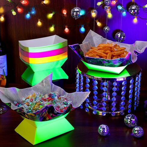 Lallisa 120 PCS Neon Glow Party Supplies يقدم 60 Neon Paper Food Ranks قوارب طعام عيد ميلاد يمكن التخلص منها مع أوراق الورق الشمع التي تقدم صوانيًا لتوهج بوفيه الطعام في The Dark Party Decorations in Kuwait