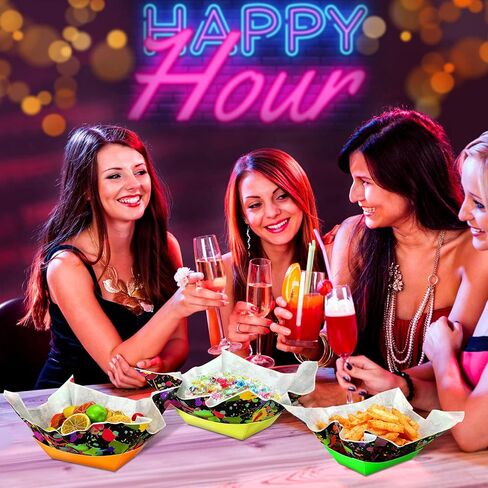 Lallisa 120 PCS Neon Glow Party Supplies يقدم 60 Neon Paper Food Ranks قوارب طعام عيد ميلاد يمكن التخلص منها مع أوراق الورق الشمع التي تقدم صوانيًا لتوهج بوفيه الطعام في The Dark Party Decorations in Kuwait