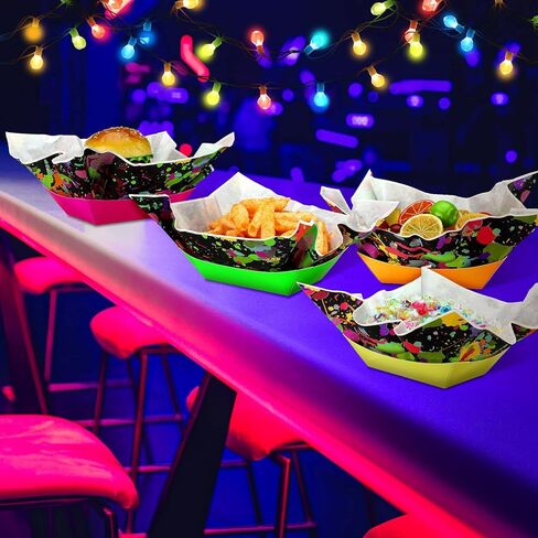 Lallisa 120 PCS Neon Glow Party Supplies يقدم 60 Neon Paper Food Ranks قوارب طعام عيد ميلاد يمكن التخلص منها مع أوراق الورق الشمع التي تقدم صوانيًا لتوهج بوفيه الطعام في The Dark Party Decorations in Kuwait