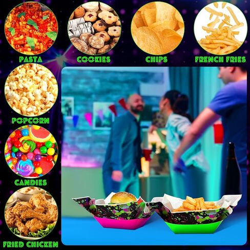 Lallisa 120 PCS Neon Glow Party Supplies يقدم 60 Neon Paper Food Ranks قوارب طعام عيد ميلاد يمكن التخلص منها مع أوراق الورق الشمع التي تقدم صوانيًا لتوهج بوفيه الطعام في The Dark Party Decorations in Kuwait