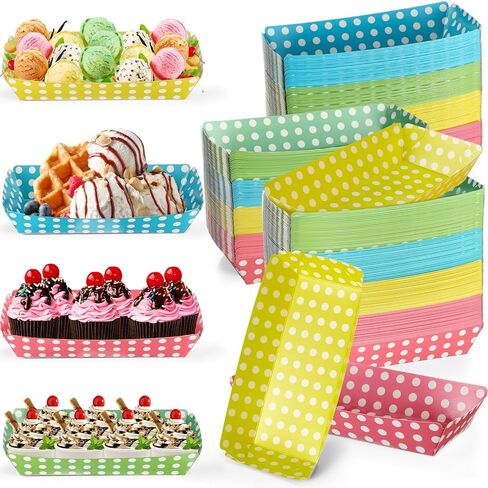 100 Pack 8oz Paper Banana Split Boats Durable Paper Food Boat Trays Disposable Ice Cream Sundae Dishware Bowl Boats Plate for Party Serving Snack Candy Salad (Dot Style,Colorful) in Saudi Arabia