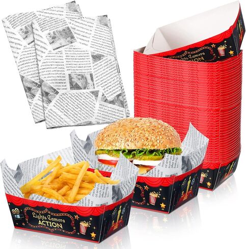 100 PCS Carnival Party Supplies 1.1 LB 50 قوارب صواني الطعام مع 50 شحومًا مشمعًا شمعيًا للورقة كرنفال ناتشو ، حامل سلة الكلاب الساخنة لزينة عيد ميلاد مجمعة in Kuwait