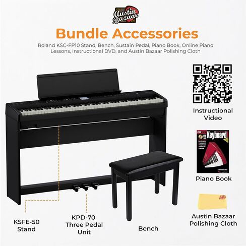 Roland FP-E50 88-Key Digital Piano-حزمة أسود مع KSFE-50 Stand ، KPD-70 وحدة دواسة ثلاثية ، مقعد ، دروس البيانو عبر الإنترنت ، قرص DVD التعليمي ، وقماش أوستن بازار تلميع in Kuwait
