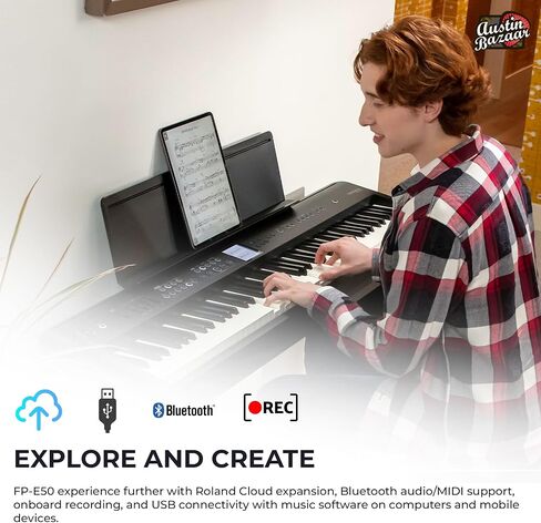 Roland FP-E50 88-Key Digital Piano-حزمة أسود مع KSFE-50 Stand ، KPD-70 وحدة دواسة ثلاثية ، مقعد ، دروس البيانو عبر الإنترنت ، قرص DVD التعليمي ، وقماش أوستن بازار تلميع in Kuwait