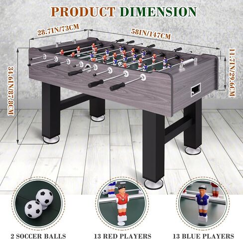 58 Inch Foosball Table Adult Size, Full Size Soccer Game Table with 2 Balls, Leg Levelers & Heavy-Duty Legs, Durable Arcade Football Table for Game Room, Home, Office, Party in Kuwait