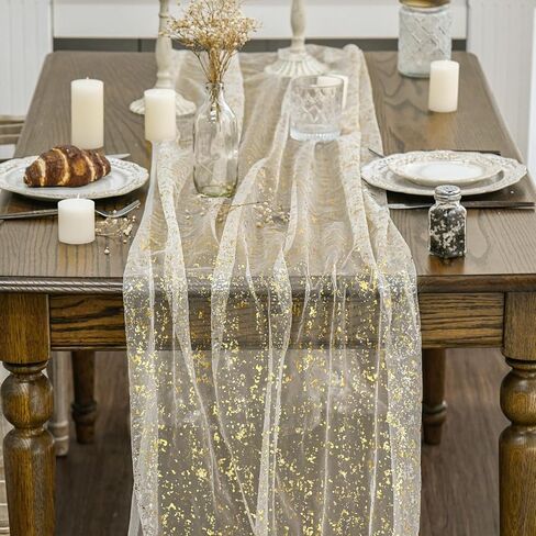 Artoid Mode Beige Gold Gauze Table Runner 120 Inch 10FT, Glitter Metallic Foil Sheer Dining Wedding Anniversary Holiday Birthday Table Decor for Home Party in Saudi Arabia