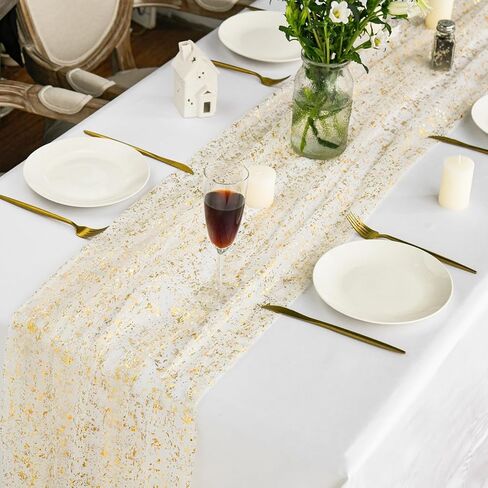 Artoid Mode Beige Gold Gauze Table Runner 120 Inch 10FT, Glitter Metallic Foil Sheer Dining Wedding Anniversary Holiday Birthday Table Decor for Home Party in Saudi Arabia