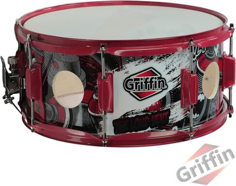 GRIFFIN 14" x 6.5" Birch Wood Snare Drum (Limited Edition) – Large 2.5" Vents, Red Hardware, Graphic Wrap – with Drum Key & 8 Metal Lugs in Saudi Arabia