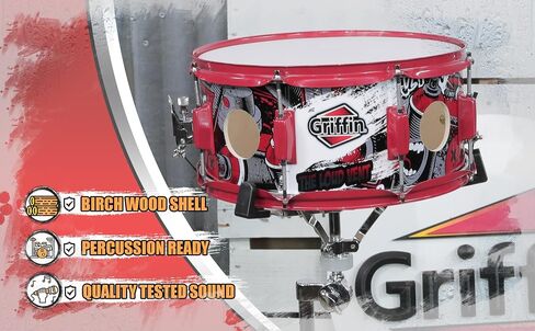 GRIFFIN 14" x 6.5" Birch Wood Snare Drum (Limited Edition) – Large 2.5" Vents, Red Hardware, Graphic Wrap – with Drum Key & 8 Metal Lugs in Saudi Arabia