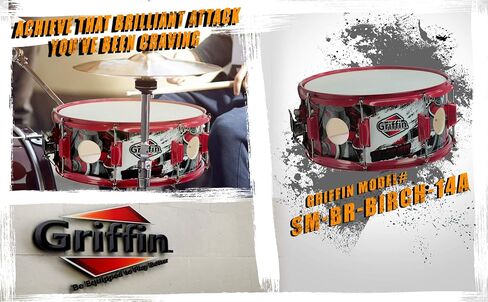 GRIFFIN 14" x 6.5" Birch Wood Snare Drum (Limited Edition) – Large 2.5" Vents, Red Hardware, Graphic Wrap – with Drum Key & 8 Metal Lugs in Saudi Arabia