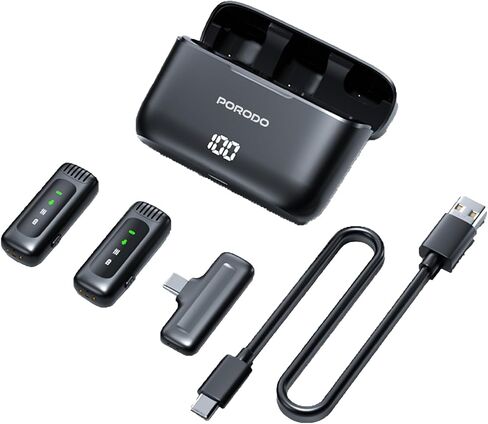 طوق لاسلكي ميكروفون مزدوج مع علبة الشحن ، موصل Type-C مع محول رأس Lightning ، وقت عمل 24 ساعة ، والكلية المنخفضة ، والشاشة الرقمية ، والتوصيل والتشغيل ، ووقت إعادة الشحن 1.5 ساعة-أسود in Saudi Arabia