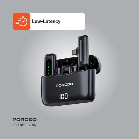 طوق لاسلكي ميكروفون مزدوج مع علبة الشحن ، موصل Type-C مع محول رأس Lightning ، وقت عمل 24 ساعة ، والكلية المنخفضة ، والشاشة الرقمية ، والتوصيل والتشغيل ، ووقت إعادة الشحن 1.5 ساعة-أسود in Saudi Arabia