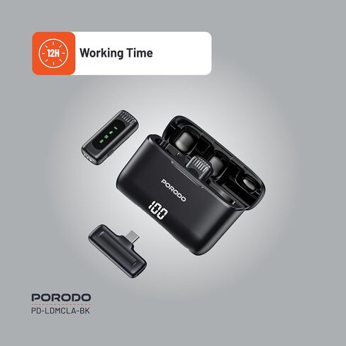 طوق لاسلكي ميكروفون مزدوج مع علبة الشحن ، موصل Type-C مع محول رأس Lightning ، وقت عمل 24 ساعة ، والكلية المنخفضة ، والشاشة الرقمية ، والتوصيل والتشغيل ، ووقت إعادة الشحن 1.5 ساعة-أسود in Saudi Arabia