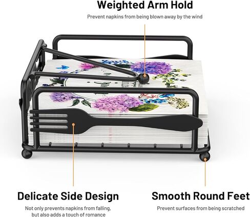 Napkin Holder for Table, Flat Napkin Dispenser with Weighted Arm, Square Cocktail Paper Holder of Elegant Rustic Iron for Kitchen Dining Room Decor Restaurant Farmhouse Hotel Party, Black in Saudi Arabia