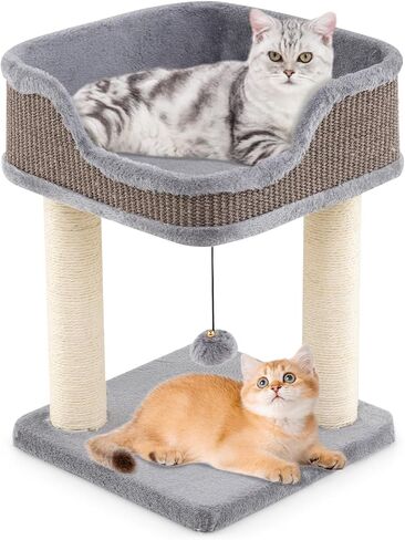 Tangkula Small Cat Tree for Indoor Cats, Modern Carpeted Cat Tower with Soft Plush Perch, Cat Condo Cat Bed with Scratching Posts, Cute Cat Activity Tree for Play Rest (Beige) in Saudi Arabia