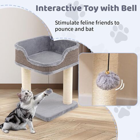 Tangkula Small Cat Tree for Indoor Cats, Modern Carpeted Cat Tower with Soft Plush Perch, Cat Condo Cat Bed with Scratching Posts, Cute Cat Activity Tree for Play Rest (Beige) in Saudi Arabia