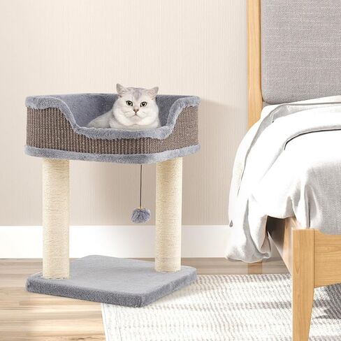 Tangkula Small Cat Tree for Indoor Cats, Modern Carpeted Cat Tower with Soft Plush Perch, Cat Condo Cat Bed with Scratching Posts, Cute Cat Activity Tree for Play Rest (Beige) in Saudi Arabia