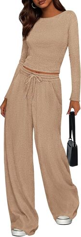 Prettygarden Women's 2 قطعة صالة مجموعات 2025 Fall Fashion Long Sleeve Crop Top Wide Leg Lusts مجموعات الملابس in Saudi Arabia