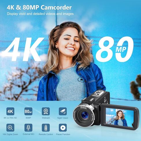 4K Camcorder Video Camera Ultra 48MP Vlogging Camera for YouTube 18X Digital Zoom Camcorder Recorder 3.0" LCD Touch Screen IR Night Vision with Remote Control, 32GB SD Card, 2 Batteries in Saudi Arabia