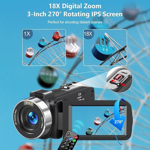 4K Camcorder Video Camera Ultra 48MP Vlogging Camera for YouTube 18X Digital Zoom Camcorder Recorder 3.0" LCD Touch Screen IR Night Vision with Remote Control, 32GB SD Card, 2 Batteries in Saudi Arabia
